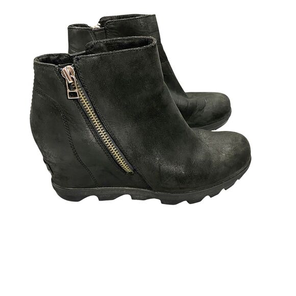 Sorel Joan Of Arctic Boot Women Size 9 Black Leather Wedge Ankle Bootie